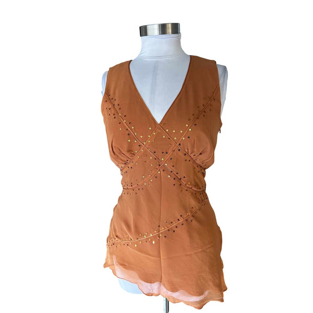 Spencer Jeremy Silk M Burnt Orange Sequin Embellished V-Neck Sleeveless Top